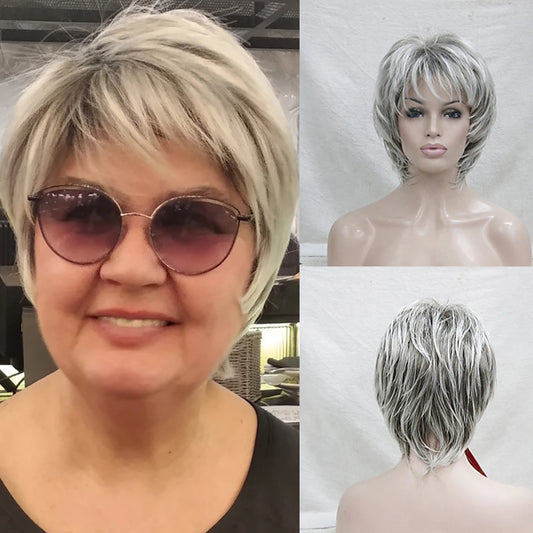 HAIRJOY Synthetic Hair Wig Curly  Pixie Cut  Layered Haircut  With Bangs  Highlighted  Balayage  Gray Wig
