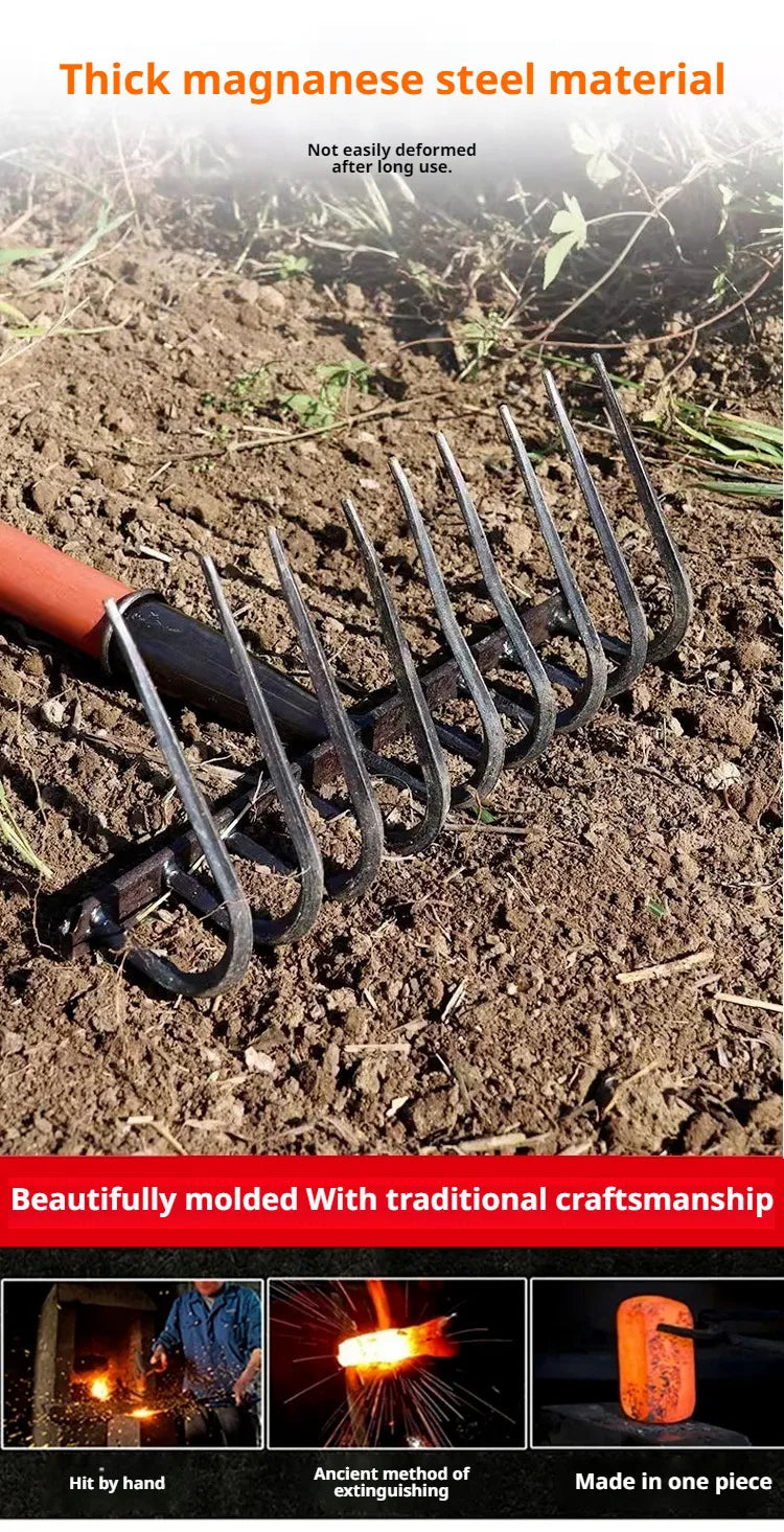 Multifunctiona steel rake Manganese Steel Durable Laborsaving Agricultural Nine-tooth Nail Rake for raking grass, loosening soil
