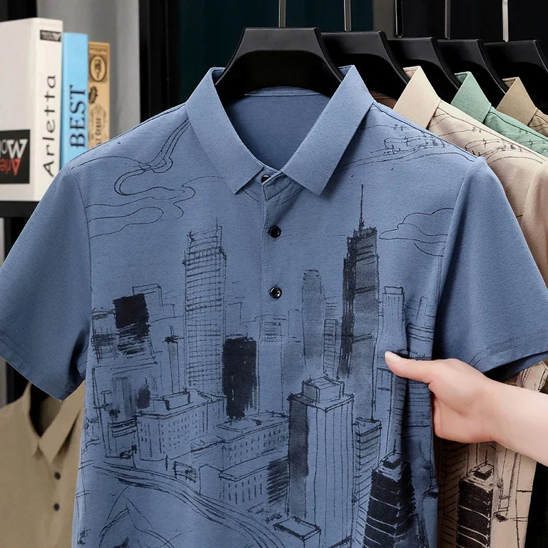 Men's Line-Drawing Polo - Soft Elastic Knit, Two-Button Lapel