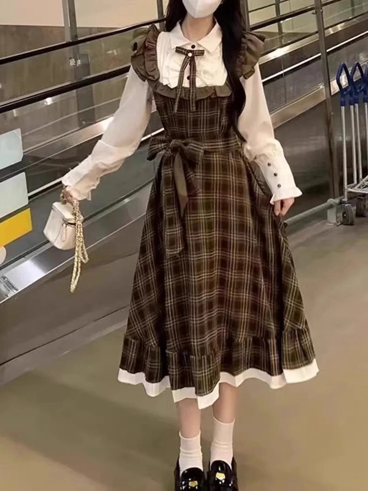 Autumn French Vintage Elegant Women Midi Dresses Y2k Casual Design Plaid Evening Dress New Fashion Office Korean Popular Clothes