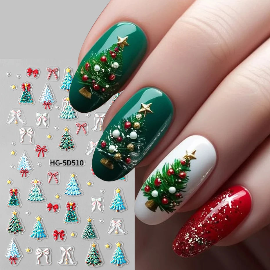 5D Embossed Cartoon Bear Snowflake Nail Stickers Christmas Trees Bow Self-Adhesive Decals for Nails Winter Christmas Nail Decor