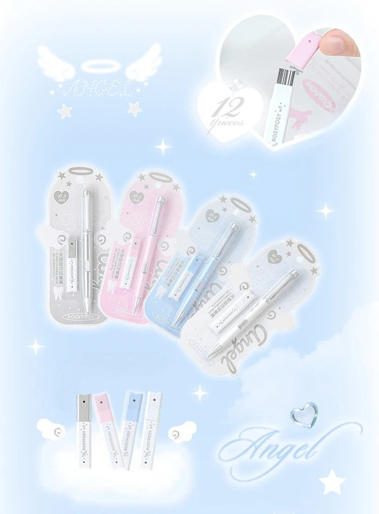 Angel Automatic Pencil Set 0.5HB Glitter Crystal Mechanical Pencil Push Button Cute Student Writing Tools Kawaii School Supplies
