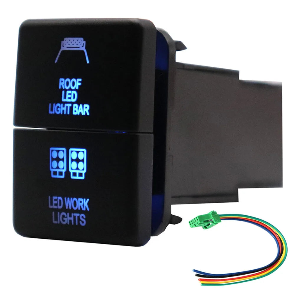 12V Dual Push Button Switch ON-Off Blue/Green Backlit 32.5mm X 22mm for Toyota 4Runner Hilux Prado RAV4, with Connector Wire