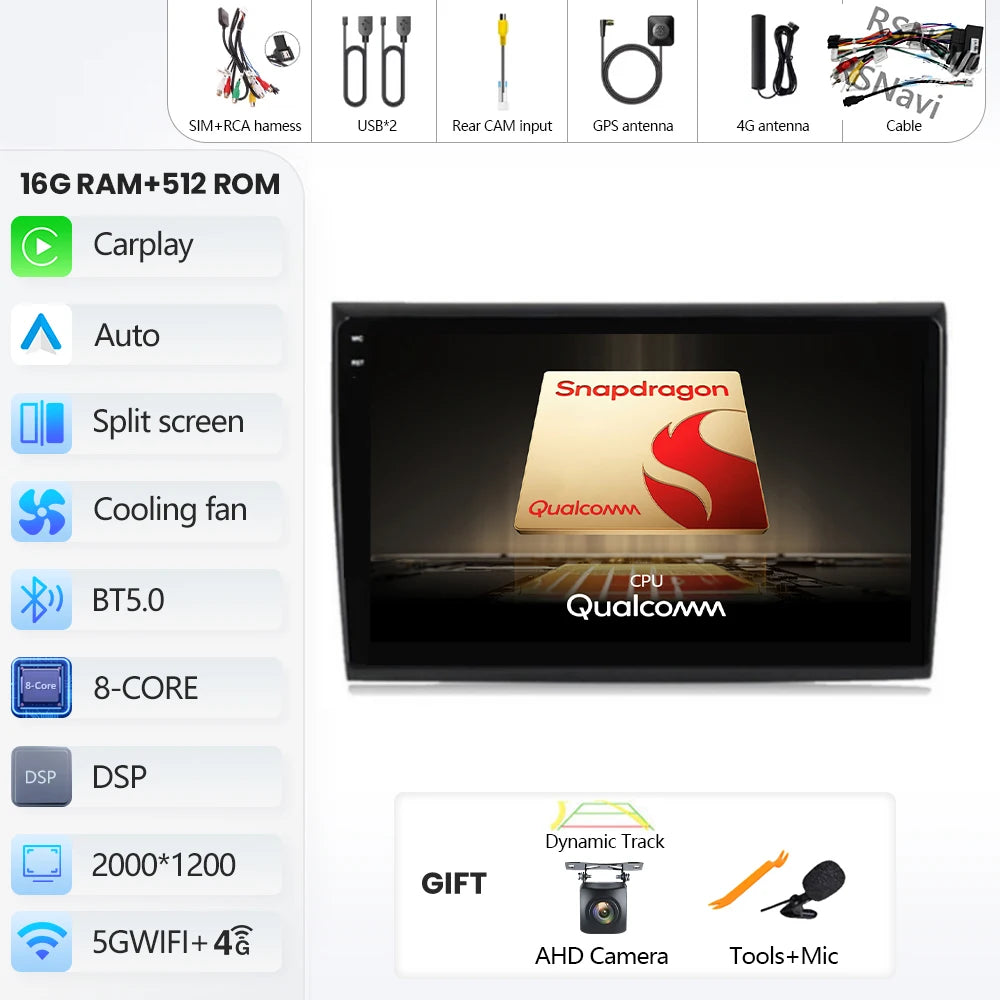 Car Stereo with Apple CarPlay & Android Auto, Compatible with Fiat Bravo 198 II (2007-2014)