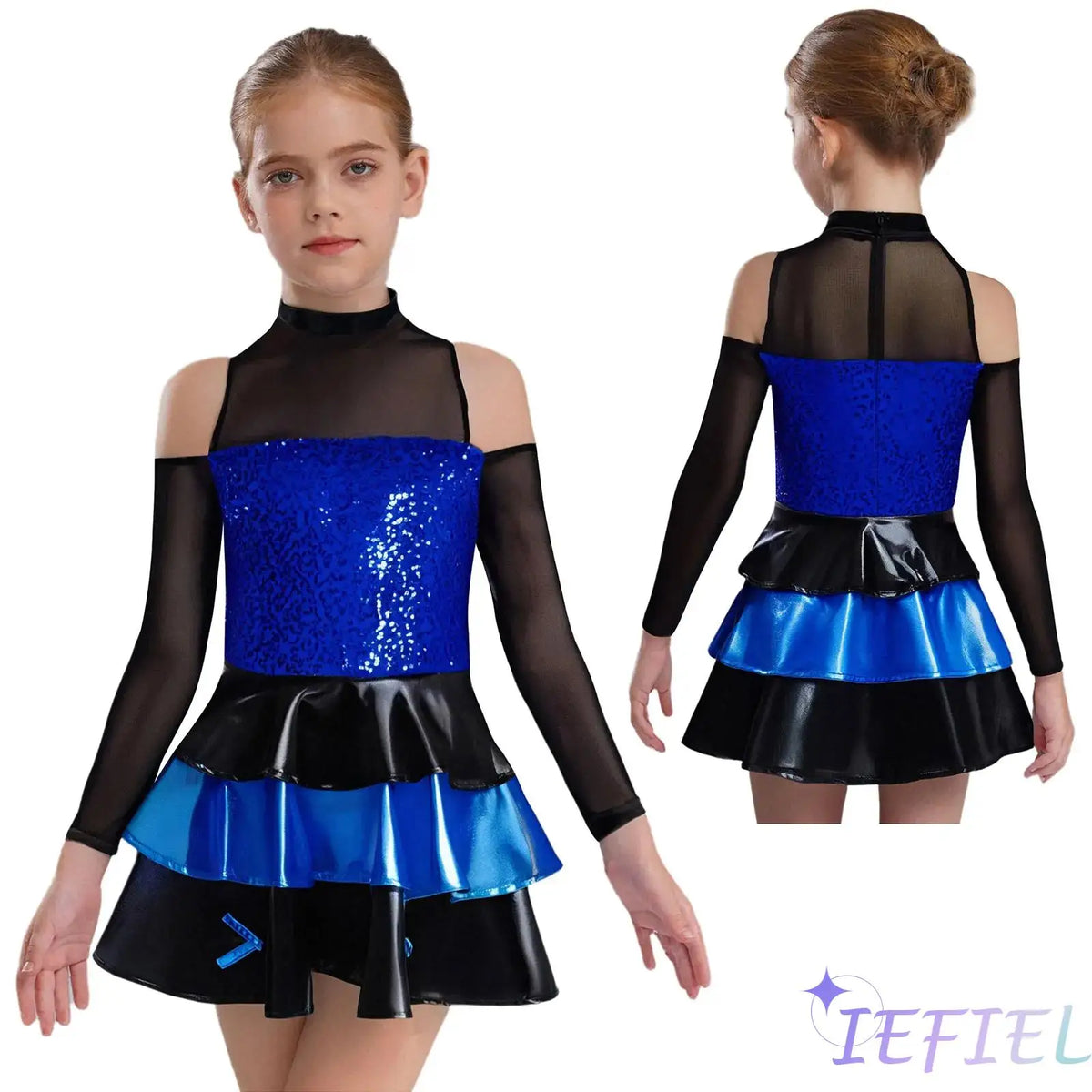 Girls cold-shoulder sequin tiered jazz dress
