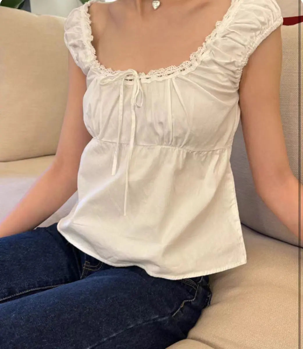 White Lace Tied Square Neck Summer T-shirts Chic Elegant Short Sleeve Tee Cotton Y2K Street Casual Bow Tie-up Top Women