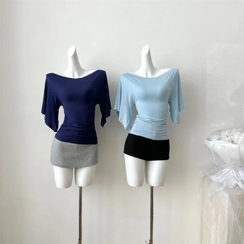 Women's Summer High Stretch Slash Neck Flare Sleeve Slim T Shirt Lady Sexy Pleated Slim Solid Color Pullover Tee Top