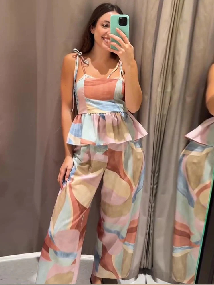Pastel Cami & Wide-Leg Pants Set — Ruffle 2-Piece Outfit