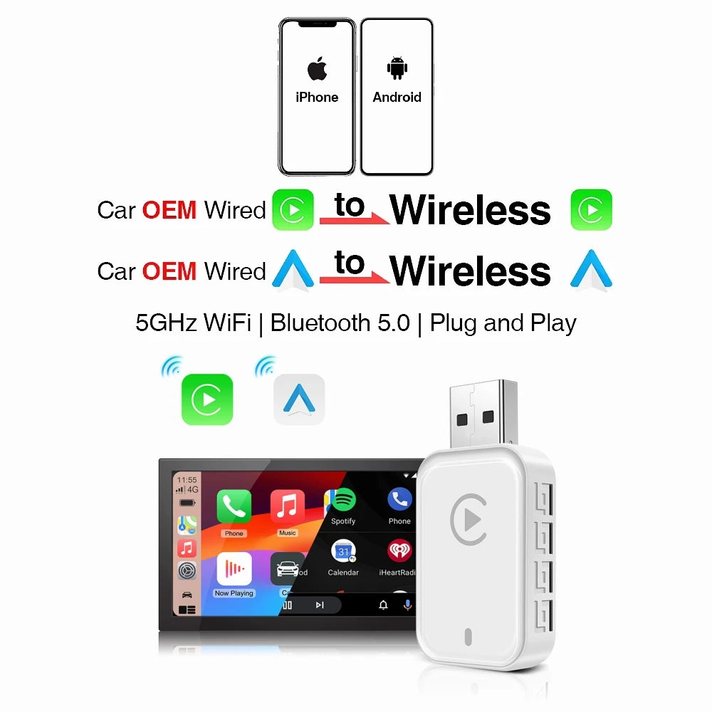 Wireless Android Auto & CarPlay Adapter — Wired-to-Wireless USB Smart Box, Plug and Play