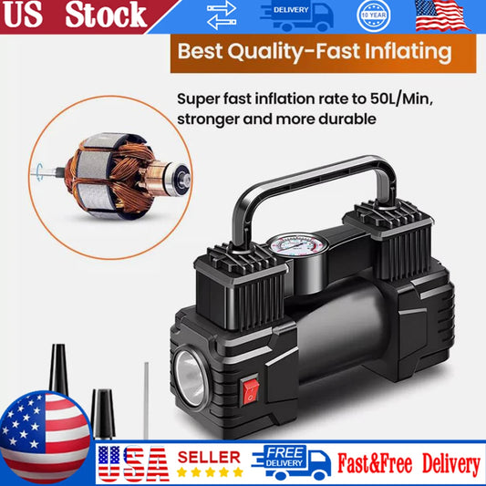 12V 150PSI Car Tire Pump Dual Cylinder Car Electric Air Pump Mini Air Compressor with Pressure Gauge Electric Tire Inflator