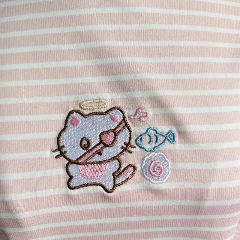 Ezgaga Women T Shirts Sweet Cartoon Cat Embroidery Long Sleeve Striped Turtleneck Neck Basic Autumn Winter Fashion Tops Y2k