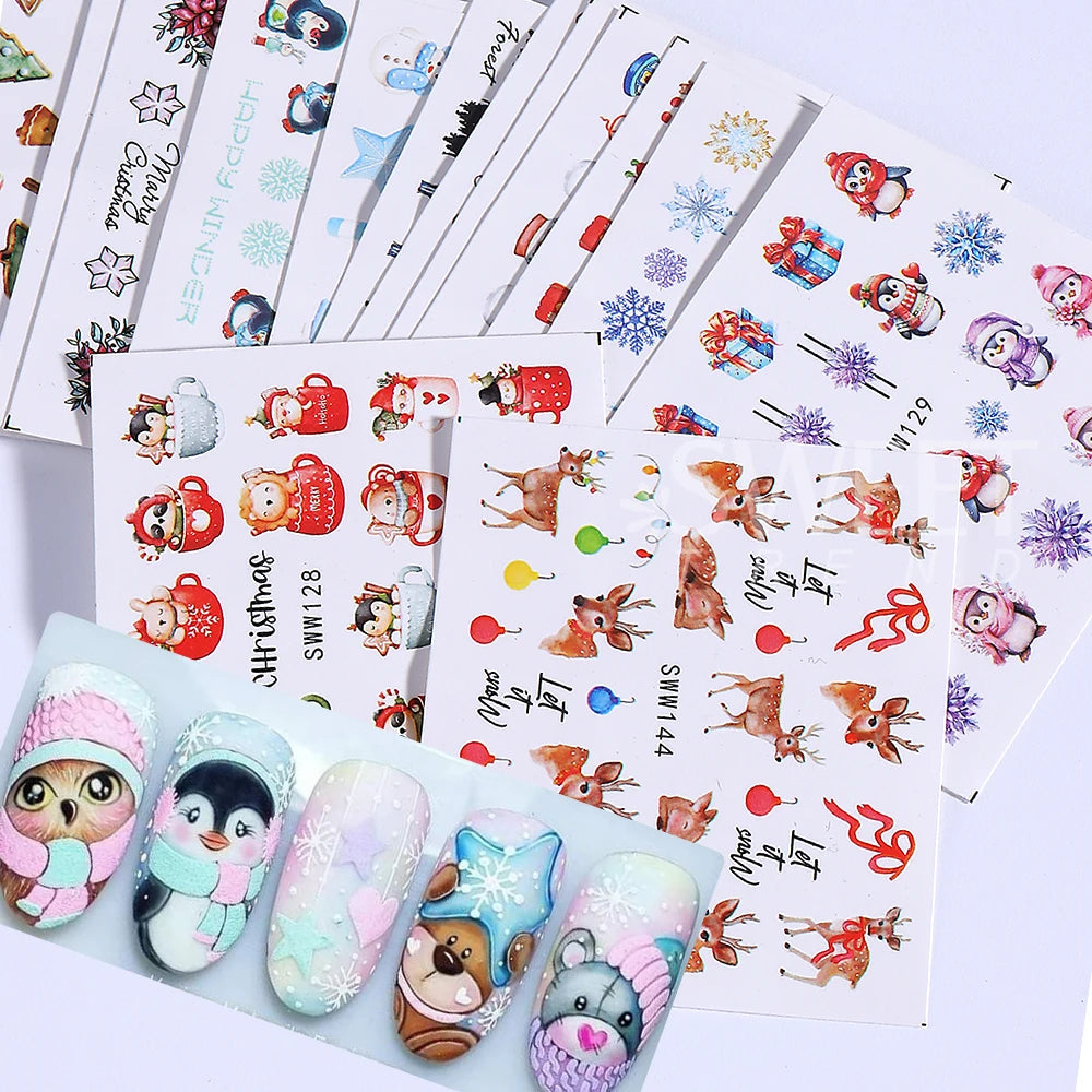 72pcs/set Autumn Christmas Nail Art Stickers Cartoon Animal Sakura Flowers Pumpkin Maple Nail Slider Water Decals Manicure Tips