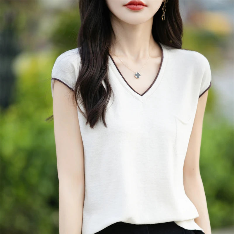 100% pure cotton T-shirt women's knitted patchwork short sleeved casual V-neck Tees summer basic loose Tops versatile pocket