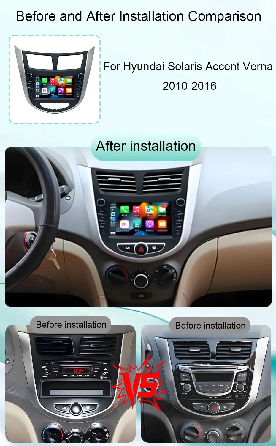 7" Android Car Radio for Hyundai Solaris Accent Verna 2010-2016 Wireless CarPlay Android Auto GPS WiFi BT FM Touch Screen Stereo
