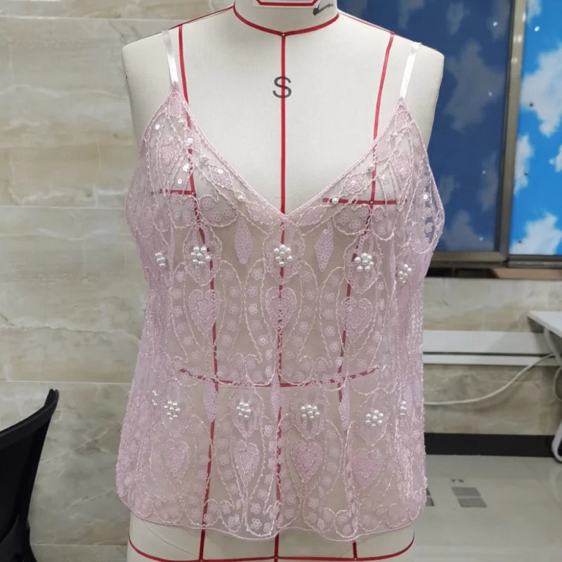Women's Hot Sweet Sequin Bead Crop Tops Sexy Sling Slim Fit Short V-neck Straight Tank Top Korean Fashion Y2k Clothing