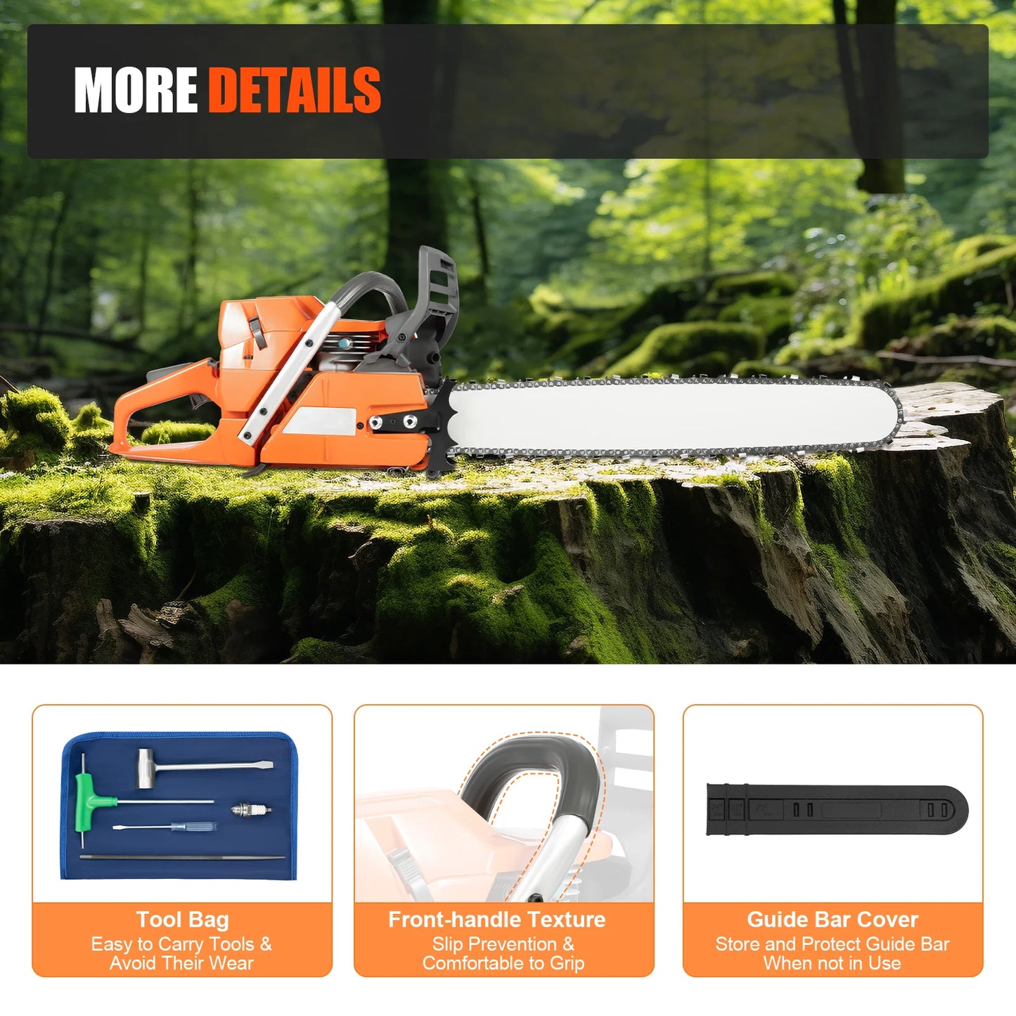 65/72cc Gas Chainsaw — 24" Guide Bar 2-Cycle Petrol Saw for Farm & Garden