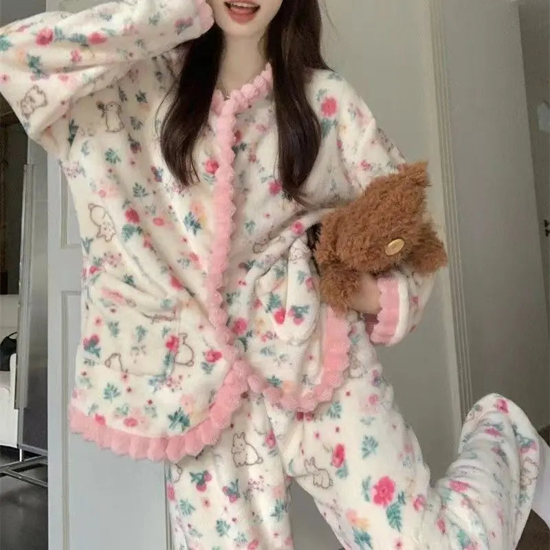 Women's Coral Fleece Pajamas - Printed Button Cardigan Sleep Set