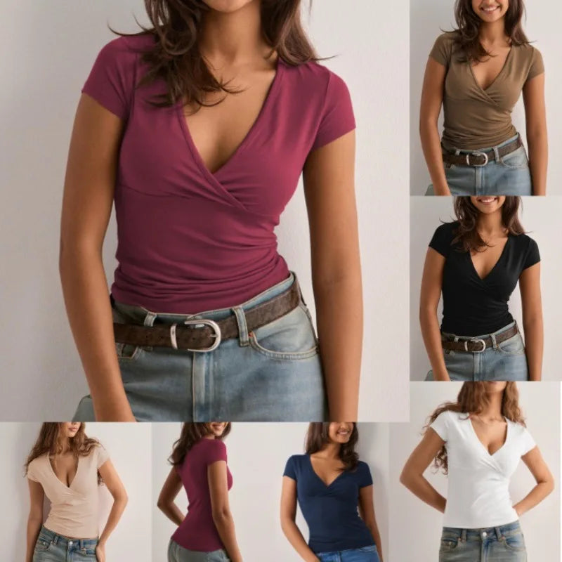 2026 Summer New Fashion Women's T-Shirt Solid-Color Slim-Fit V-Neck Short-Sleeve Top Y2k Clothing