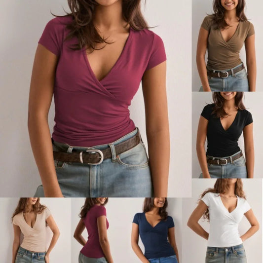 2026 Summer New Fashion Women's T-Shirt Solid-Color Slim-Fit V-Neck Short-Sleeve Top Y2k Clothing