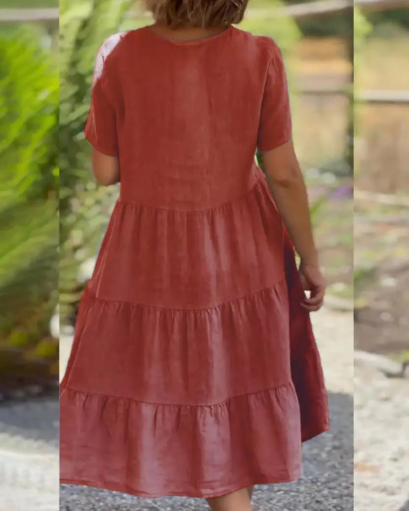 Cotton Linen Casual Women's Dresses 2026 Spring/Summer Sweet  Short Sleeve Solid V-neck Large Swing Loose Dress  S-5XL
