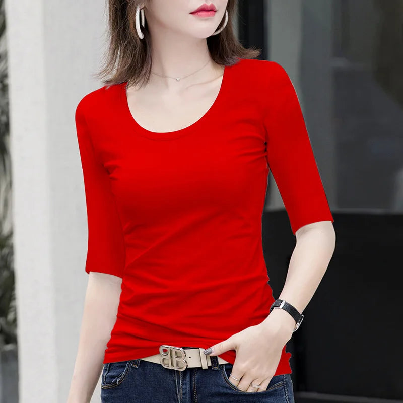 MRMT Women's White Mid-Sleeve Bottoming T-Shirt – Half Sleeve Tight O-Neck Top 2026