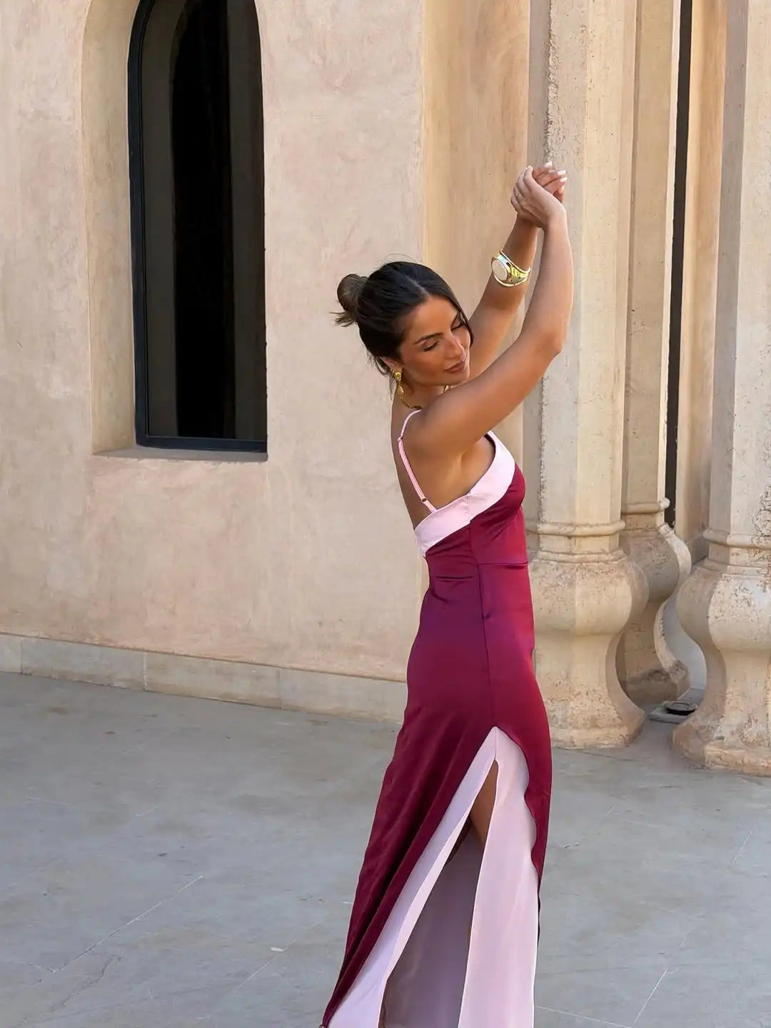 Women's Color-Block Halter Maxi Dress — Backless Off-Shoulder Party Gown