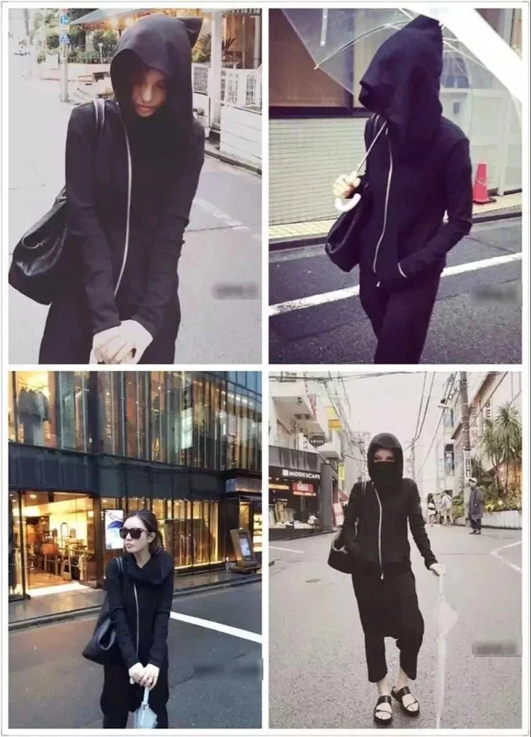 Men's Hooded Zip-Up Cloak Jacket, Black Streetwear