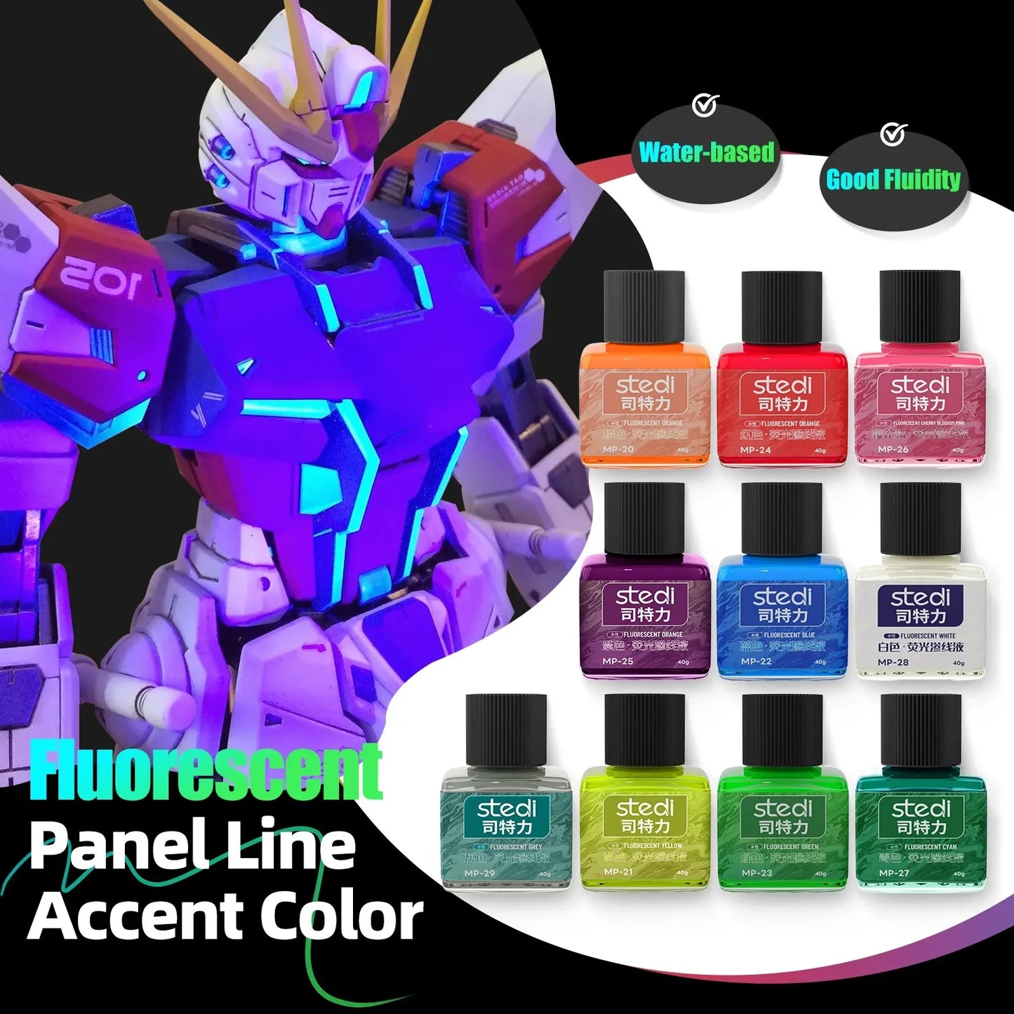 Stedi MP-20~29 Fluorescent Panel Liner Paint Water Based Penetrating Ink for Gundam Model Coloring Tools Hobby DIY Accessories
