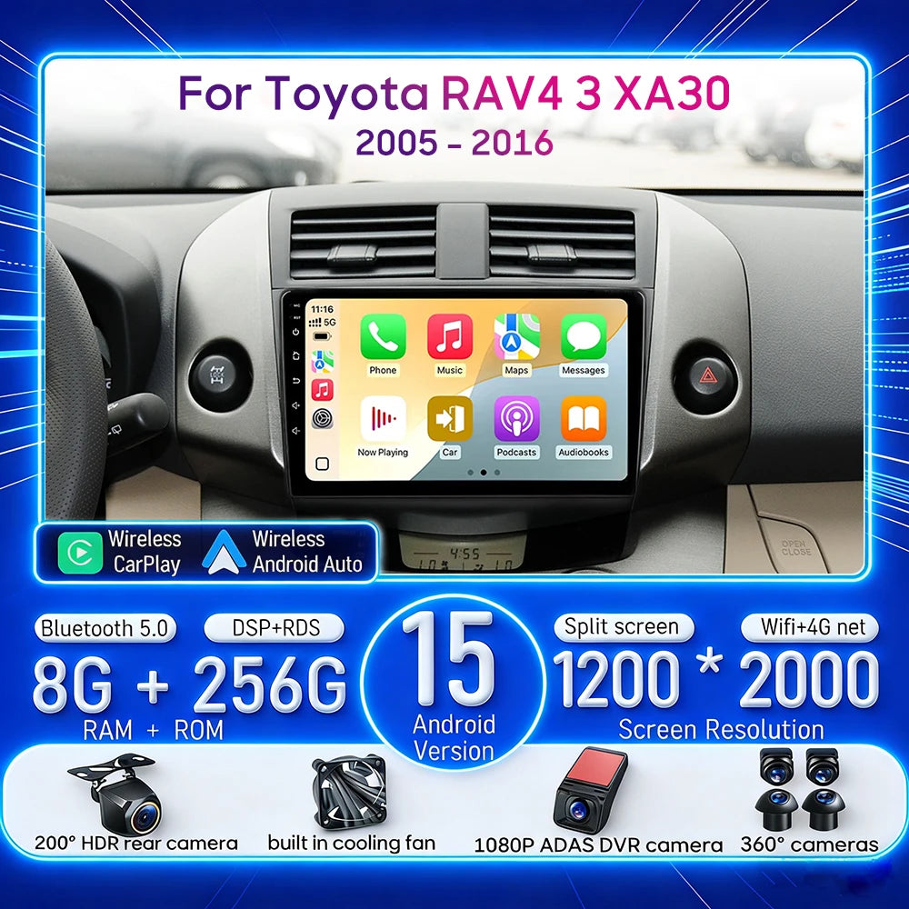 Car Stereo with Apple CarPlay & Android Auto, Compatible with Toyota RAV4 3 XA30 (2005-2016)