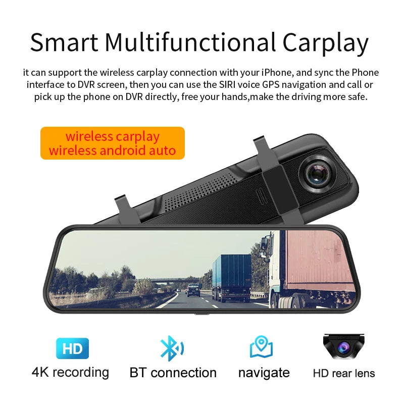 10 Inch 4K Mirror Dash Cam Suppost Wireless Carplay & Android Auto WIFI GPS Navigation Dual Lens Video Recorder Car Dvr