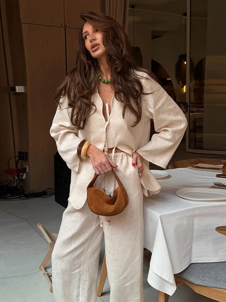 Tie-Front V-Neck Blouse & Wide-Leg Pants Set — 2-Piece