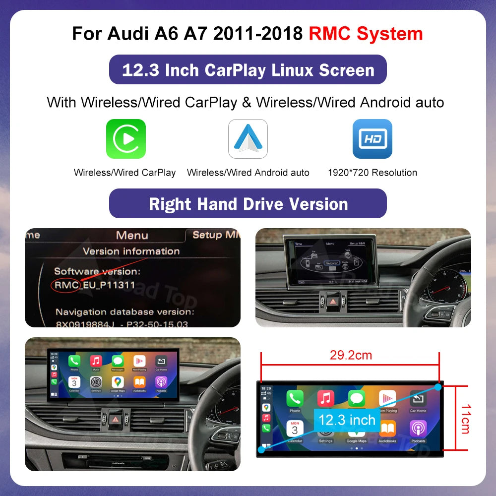 Road Top Multimedia Stereo For Audi A6 C6 C7 A7 2011-2018 Wireless CarPlay GPS Navi Radio Player Bluetooth 12.3" Touch Screen