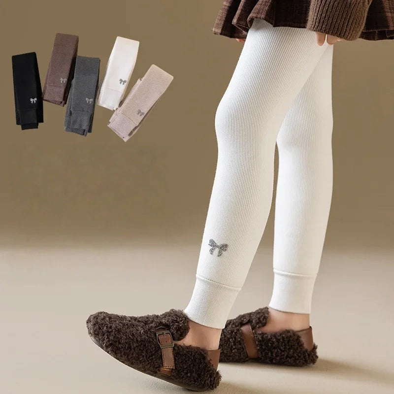 Girls' Fleece Lined Tights with Bow Embroidery - Winter Leggings 3-15Y - photo 2