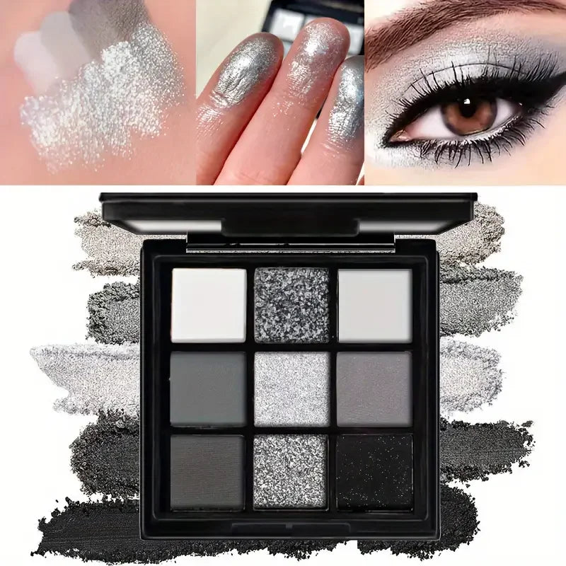 JUJU Dream 9-Shade Smoky Eyeshadow Palette – Black Swan | Dark Black, Grey, Silver Glitter & Matte Finish | Long-Lasting