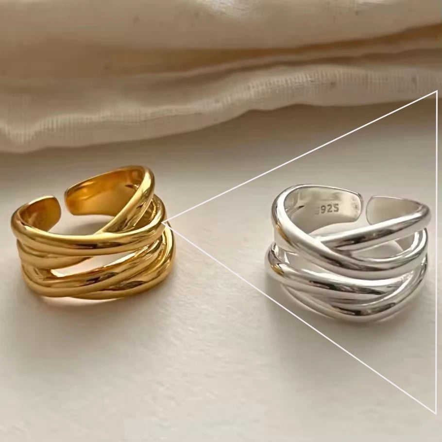 PANJBJ 925 Sterling Silver Hollow Out Rings For Women Three Layered Cross Punk Irregular Vintage Jewelry Gift Dropshipping
