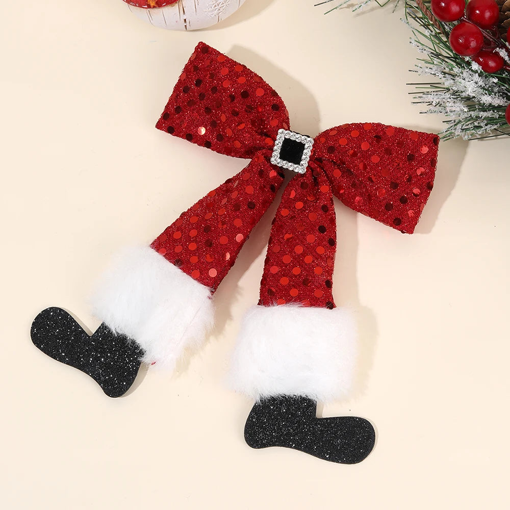 New Christmas Hair Clips Santa Pants Hairpins Red Sequin Bows Barrette For Girls Xmas Party Decor Headwear Hair Accessories