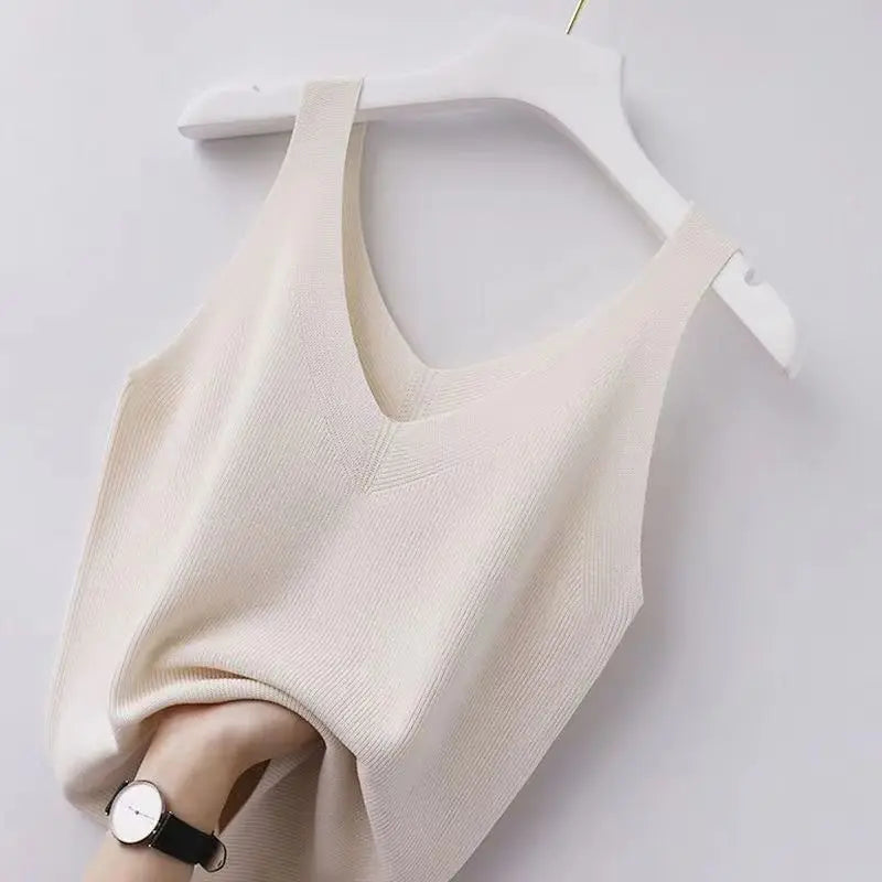 Plus Knit Tank Top V-Neck Ice Silk Sleeveless 2026 Summer Clothing Vests for Women Korean Fashion Loose Elegant Casual Cami Top