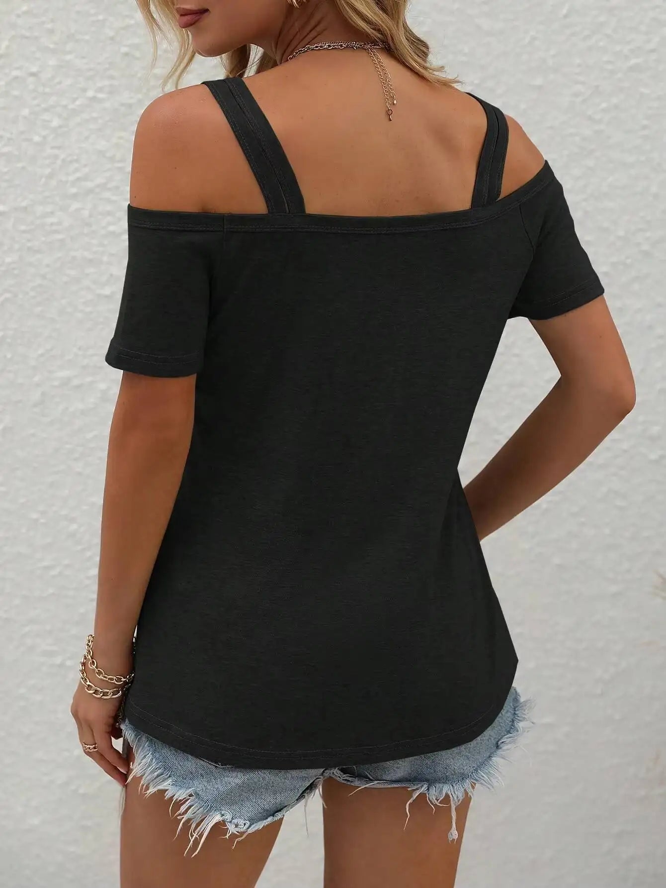 Women's T-shirt Spring Summer Black Cold Shoulder Double Strap Cutout Neck Short Sleeve Valentine's Day Casual Sexy Daily Top