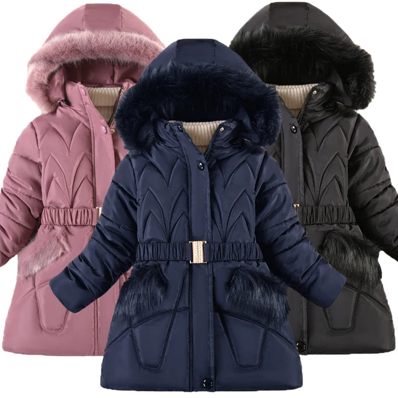 Girls' Hooded Winter Coat with Belt - Plush Lined Heavy Jacket