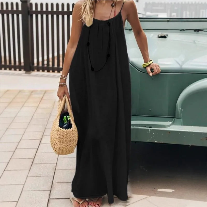 Casual Solid Loose Dress For Women Sexy Sleeveless Spaghetti Strap Backless Lace-up Robe Femme Holiday Beach Party Clothes New