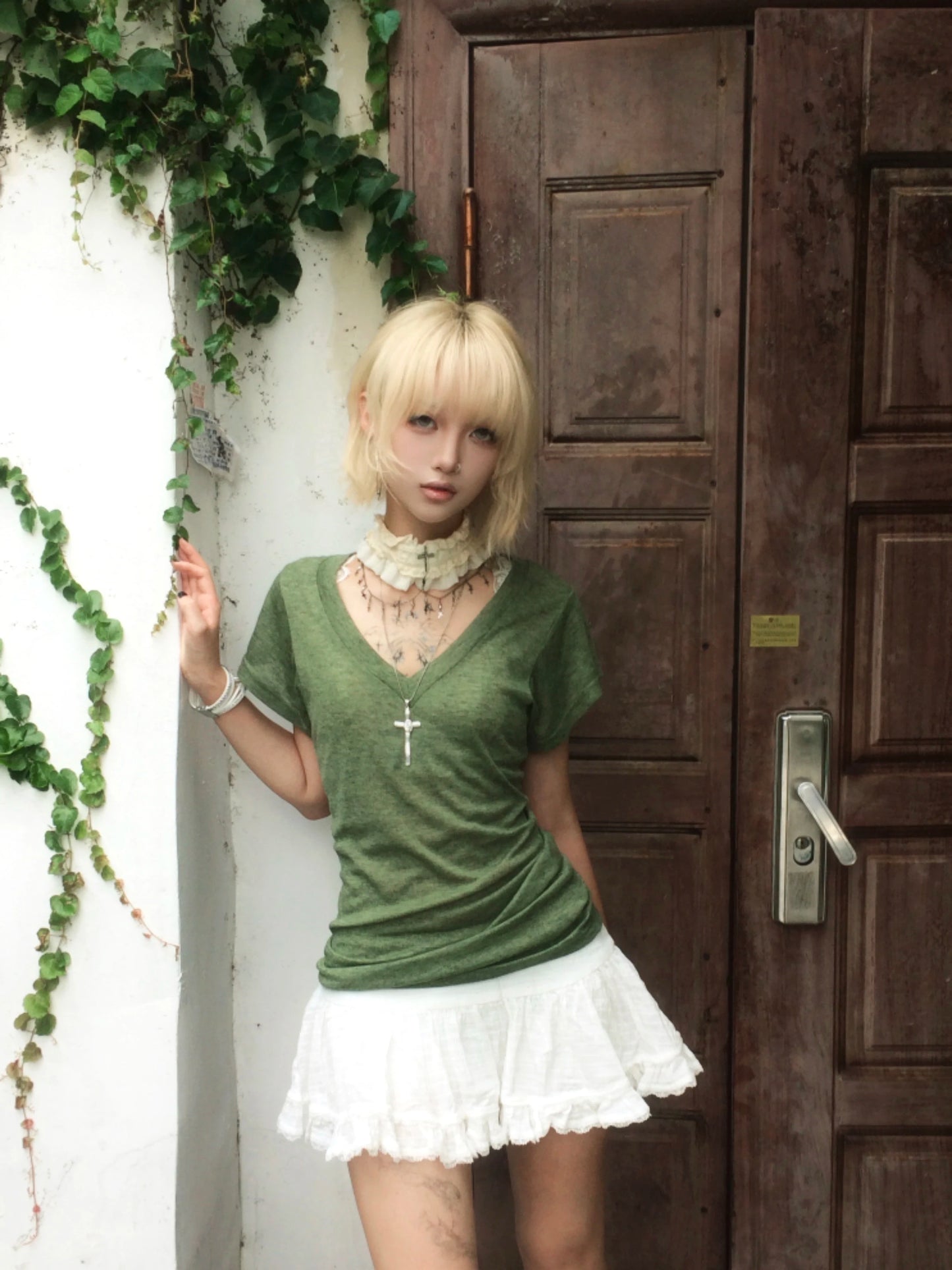 Karrram Japanese Y2k Green Knitted T-shirt Trashy 2000s Style V-neck Top Vintage Harajuku Short Sleeve Tee Shirt American Retro