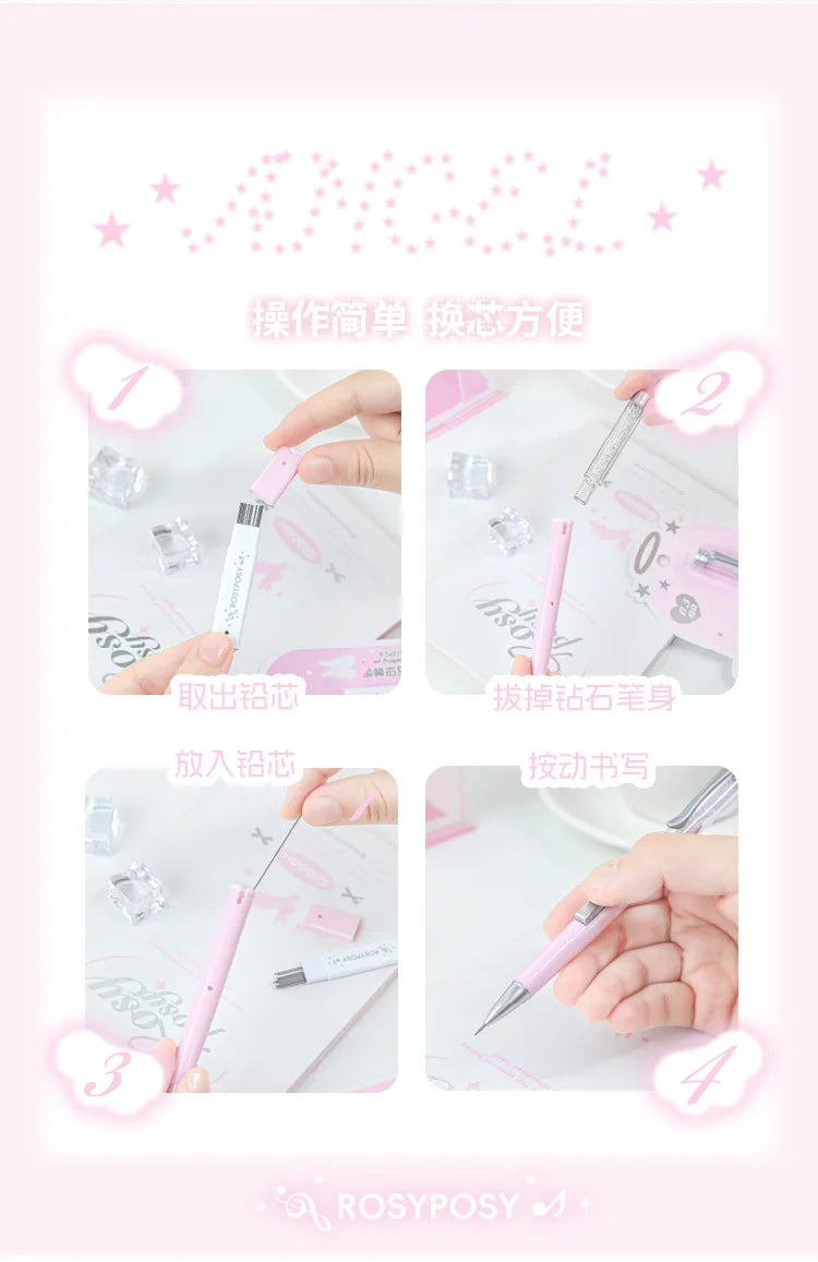 Angel Automatic Lead Set High Appearance Girl Heart Shiny Crystal Pen Holder 0.5HB Student Button Pencil and Lead Core