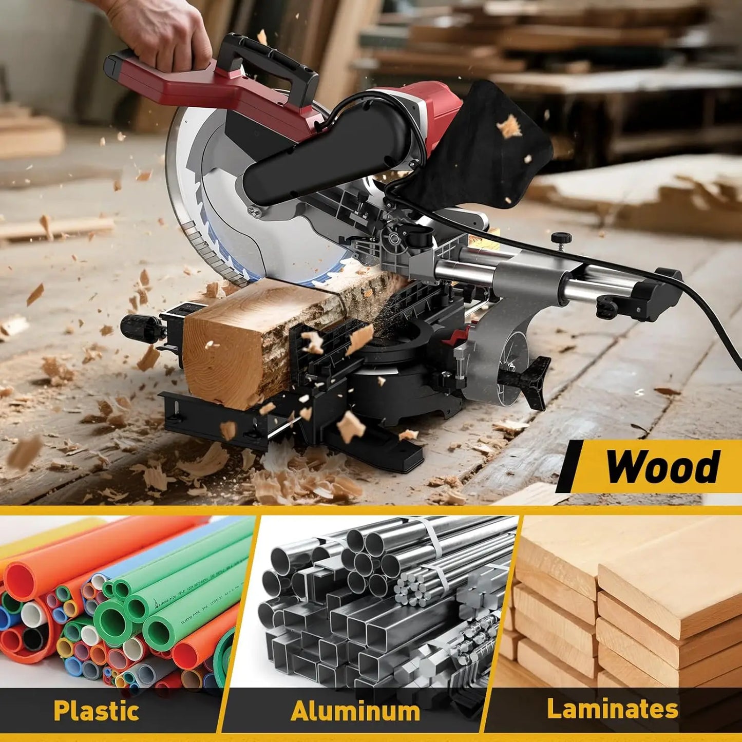 10/12 Inch Sliding Compound Miter Saw – 15 Amp, 5000RPM, 0-45° Dual-Bevel Precision Cutting Power Saw