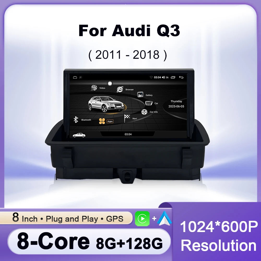 Wireless CarPlay Android 16 For Audi Q3 2011 - 2018 Car Multimedia Radio Navigation GPS WIFI Wired Auto DSP 8 inch Touch Screen