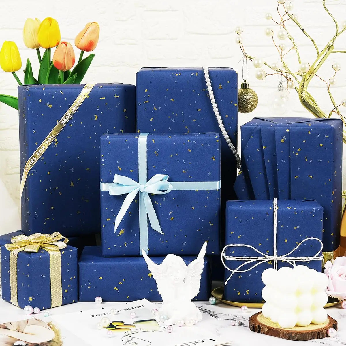 Gift Wrapping Paper Roll, 1 Roll 17 Inch X 120 Inch, Navy Blue Gold Foil Design for Holiday, Birthday, Wedding, Party