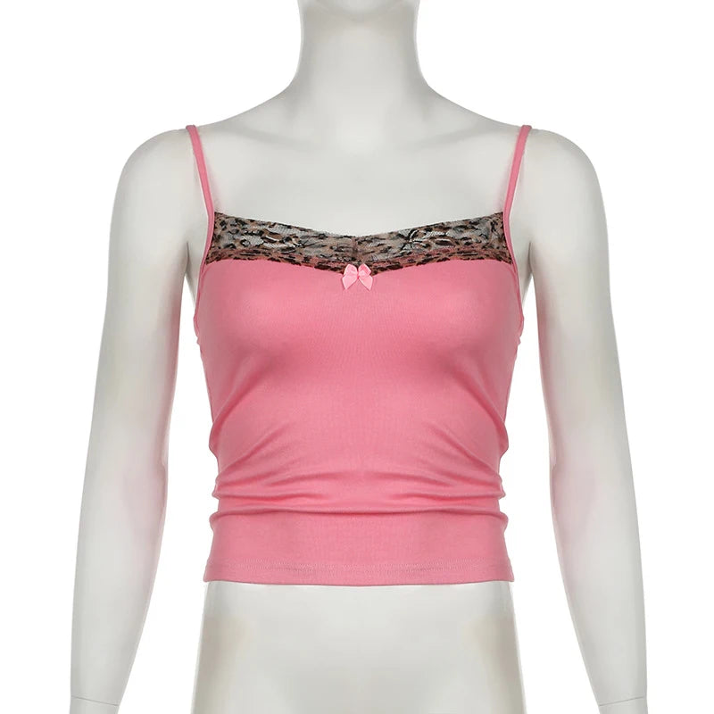 Women's Vintage Leopard Print Crop Top - Sleeveless, Cute Bow Patchwork, Y2K Style, Casual Tees