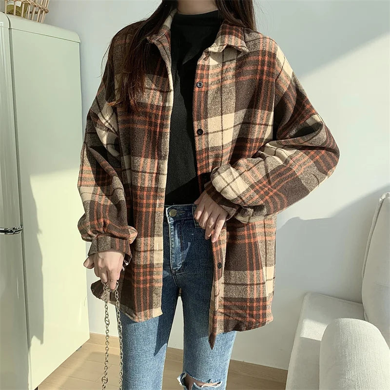 Women's Flannel Plaid Shacket - Button Front Loose Winter Jacket - photo 8