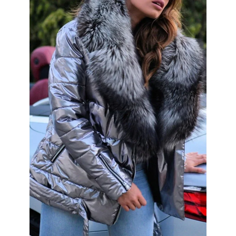Women's Glossy Short Puffer Jacket - Large Collar Winter Coat - photo 4