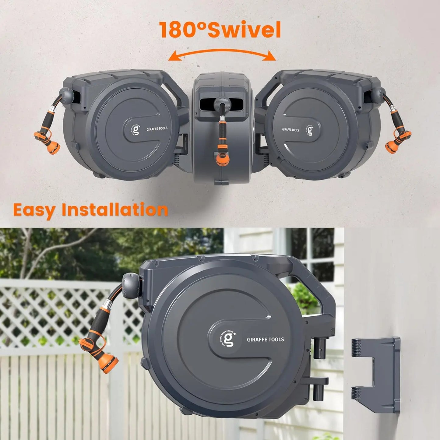 Retractable Garden Hose Reel, 5/8" x 62 ft, Wall Mounted, Lock at Any Length, 9-Function Nozzle