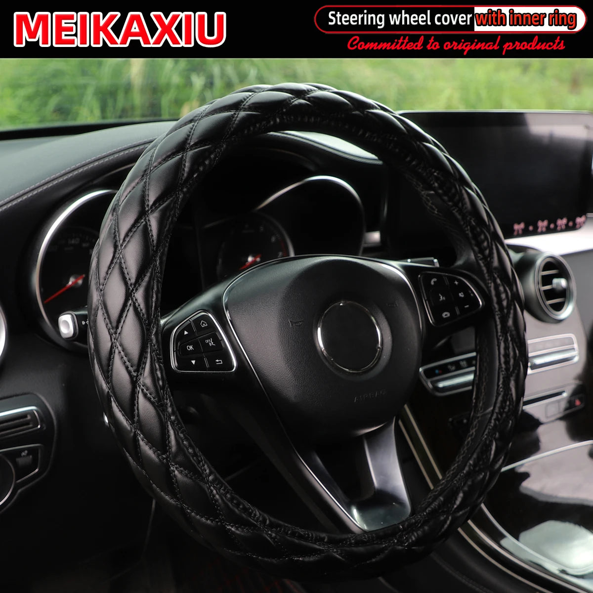 Diamond-Pattern Embroidered PU Sheepskin Steering Wheel Cover Foldable Inner Ring for O-Shaped/D-Shaped Cars - 36/37/38CM